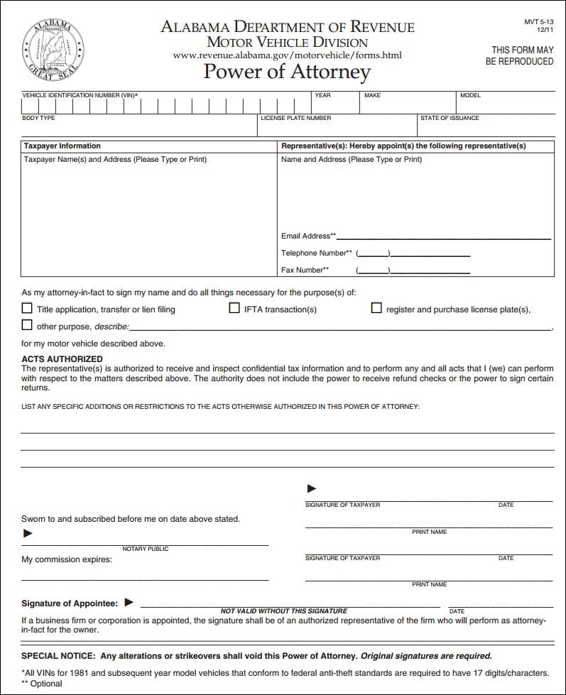 Alabama Motor Vehicle Power of Attorney Form