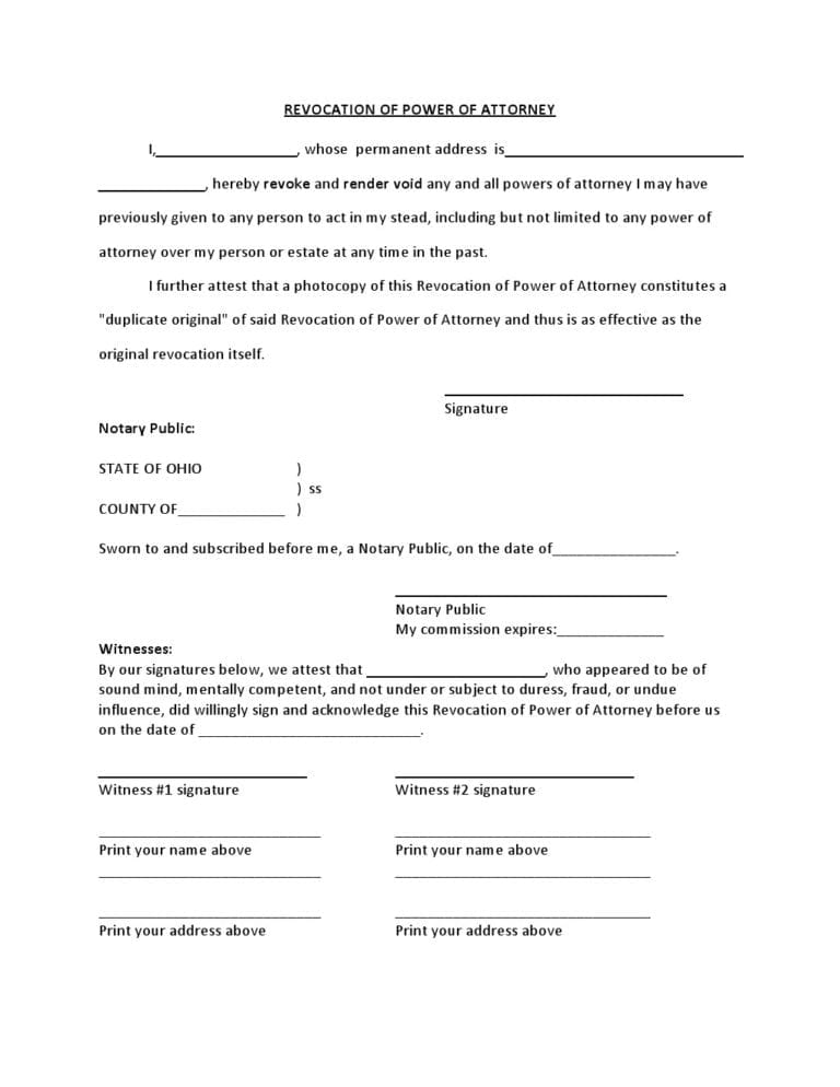 Free Ohio Power of Attorney Revocation Form