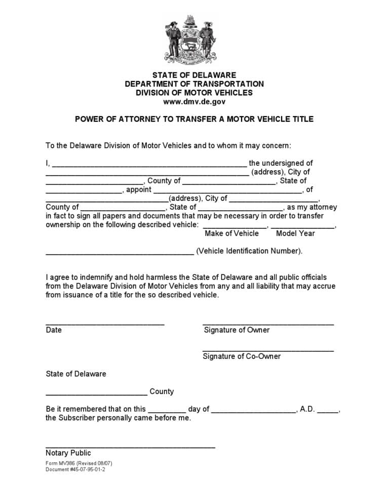 Free Delaware Motor Vehicle Power Of Attorney Form