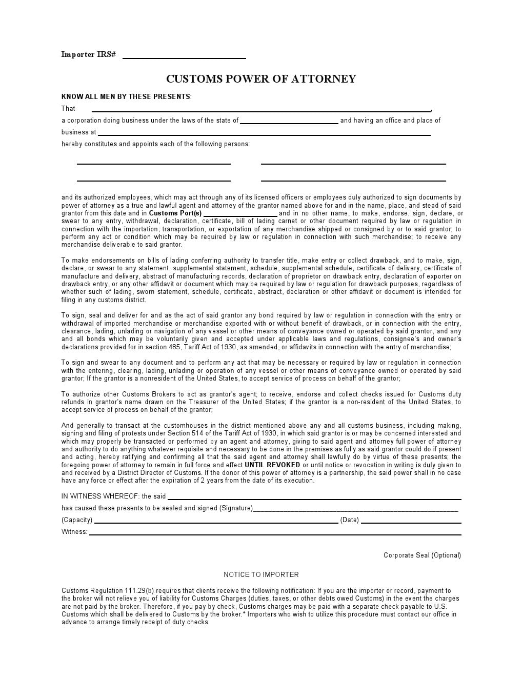 Free Customs Power of Attorney Forms