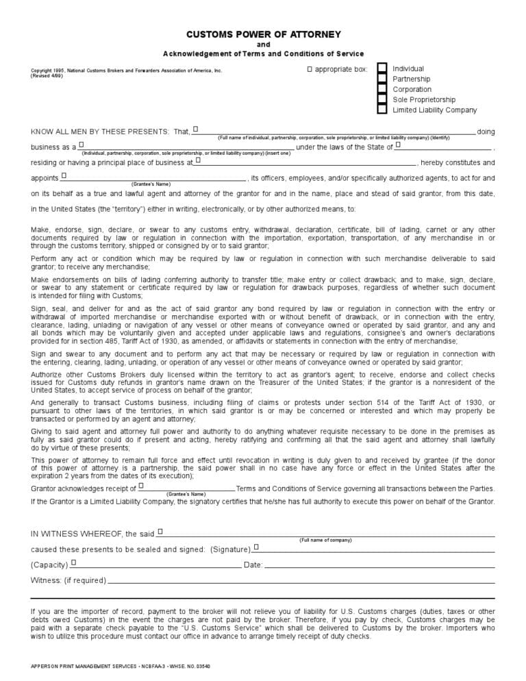 Free Customs Power of Attorney Forms