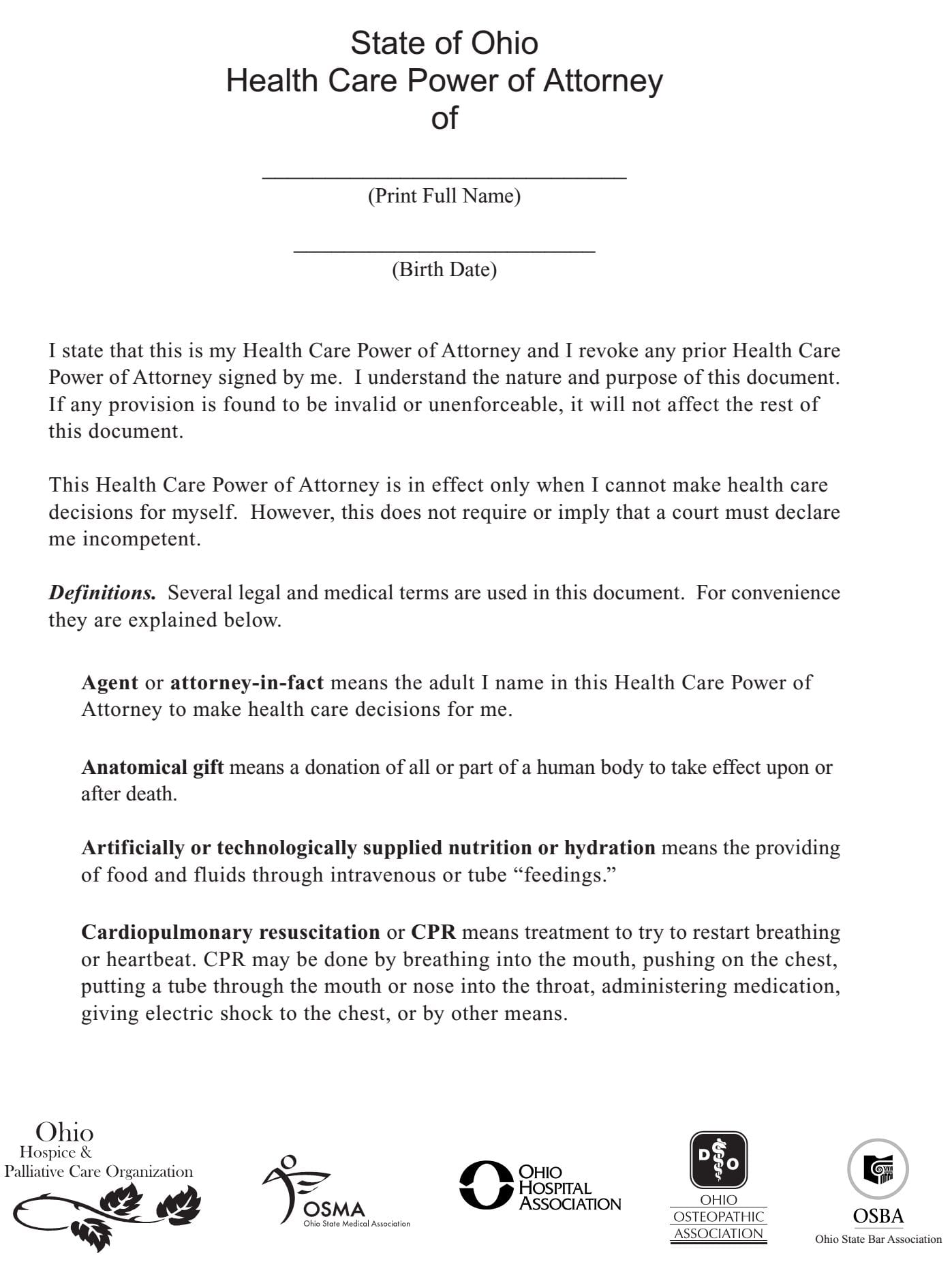 Ohio Health Care Power of Attorney Form