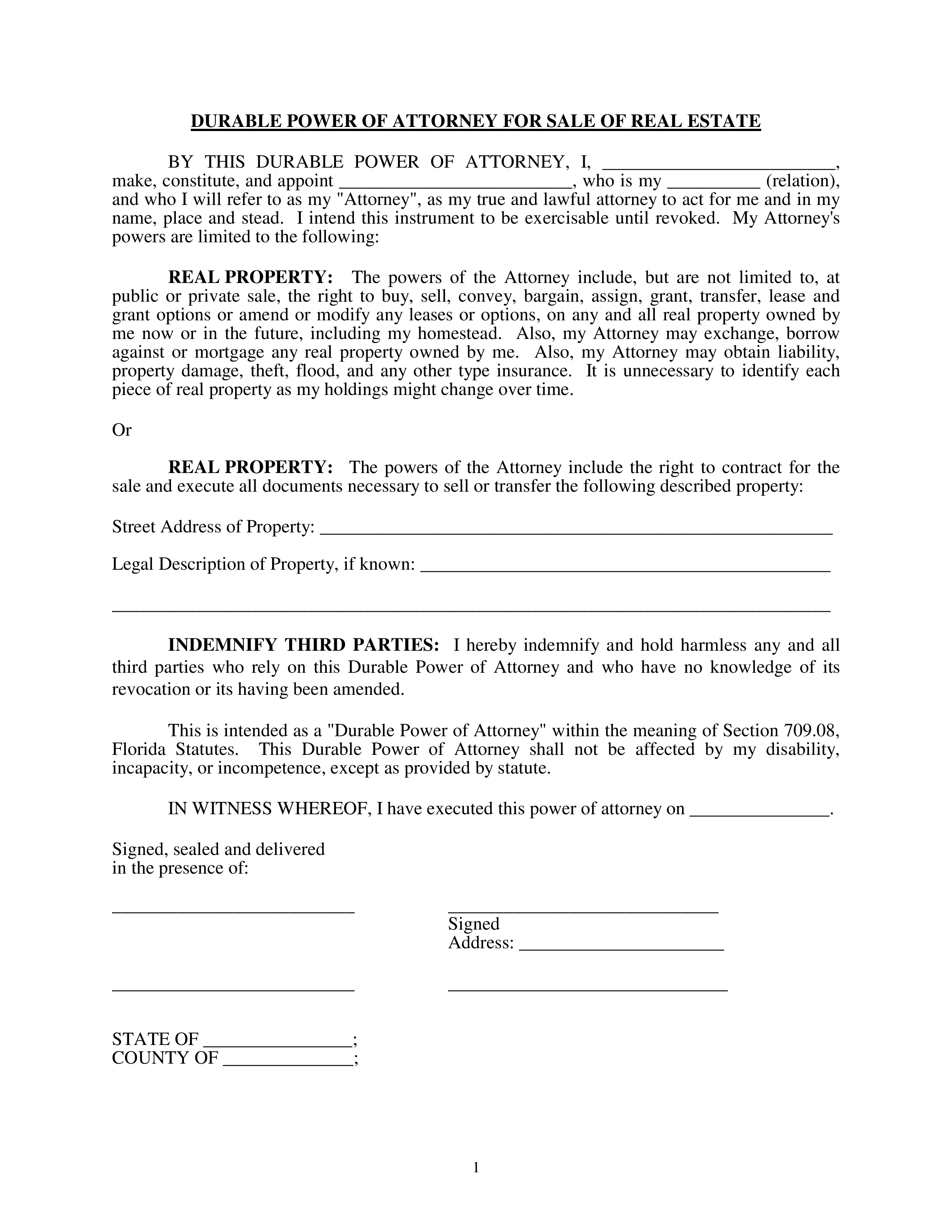 Florida Real Estate Only Power of Attorney Form