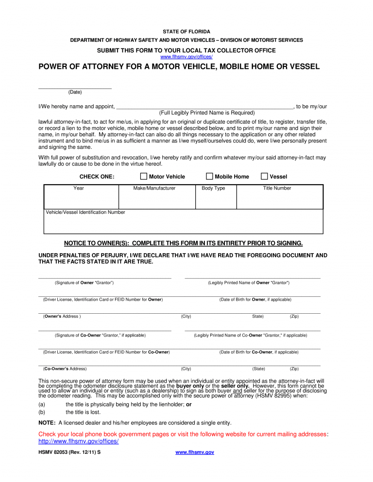 Florida Vehicle Power Of Attorney Form