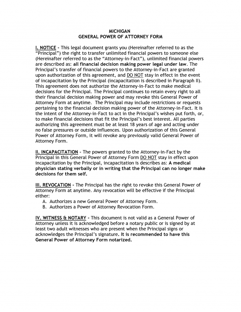 Michigan General Financial Power of Attorney Form