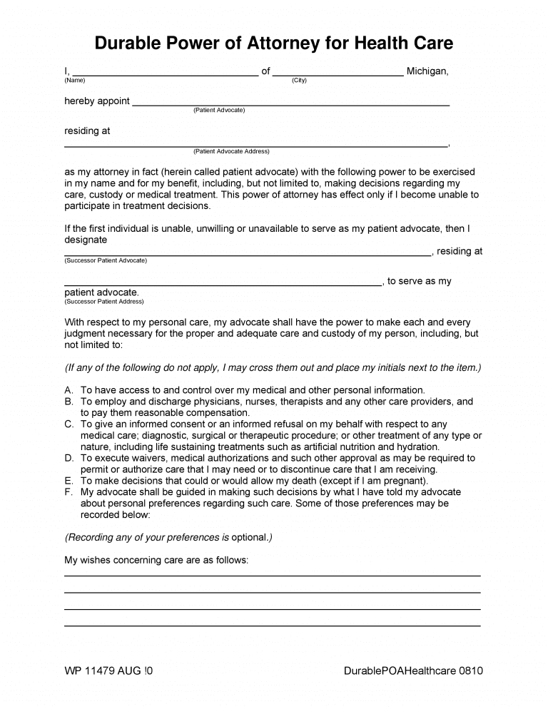 Michigan Medical Power of Attorney Form