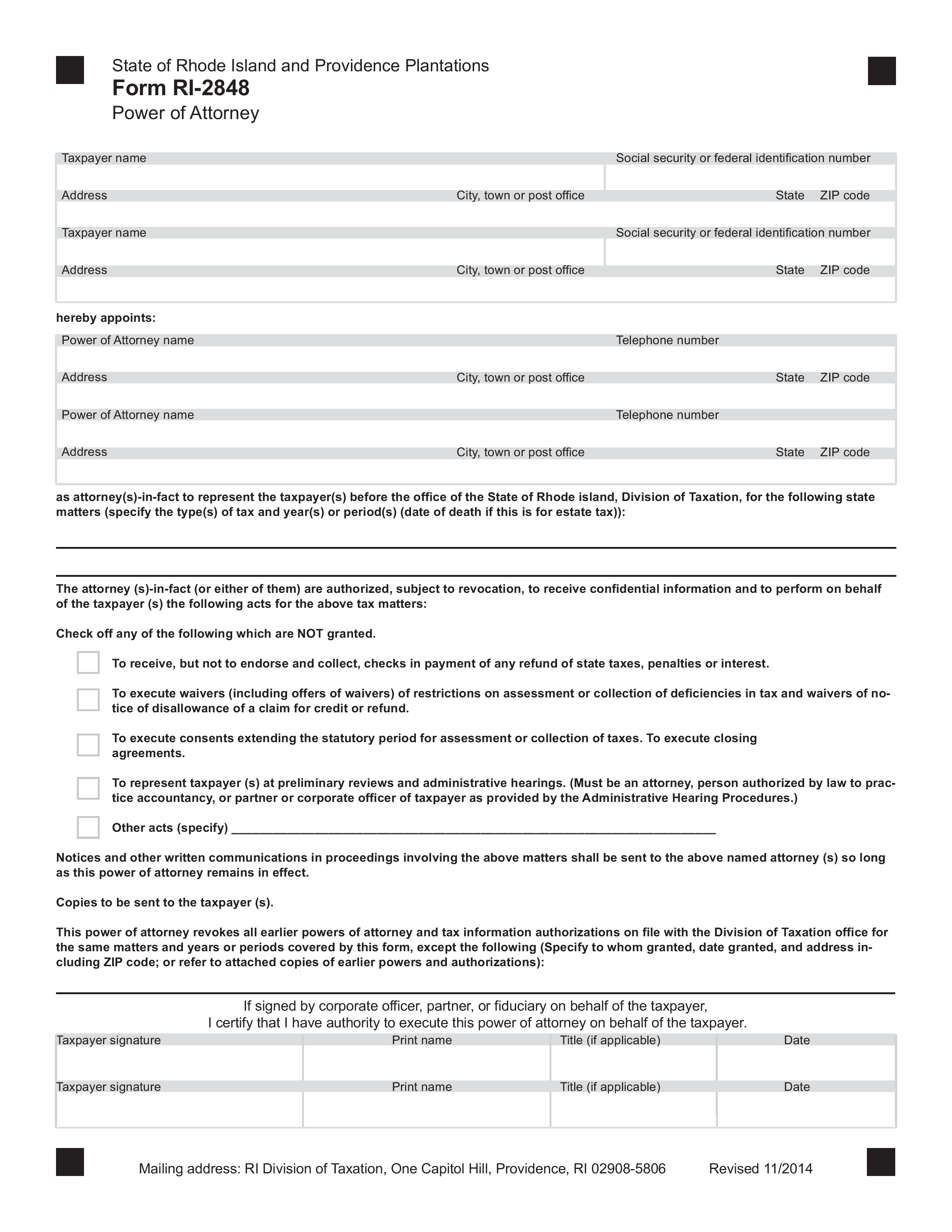 Rhode Island Tax Power of Attorney Form (Form RI-2848)